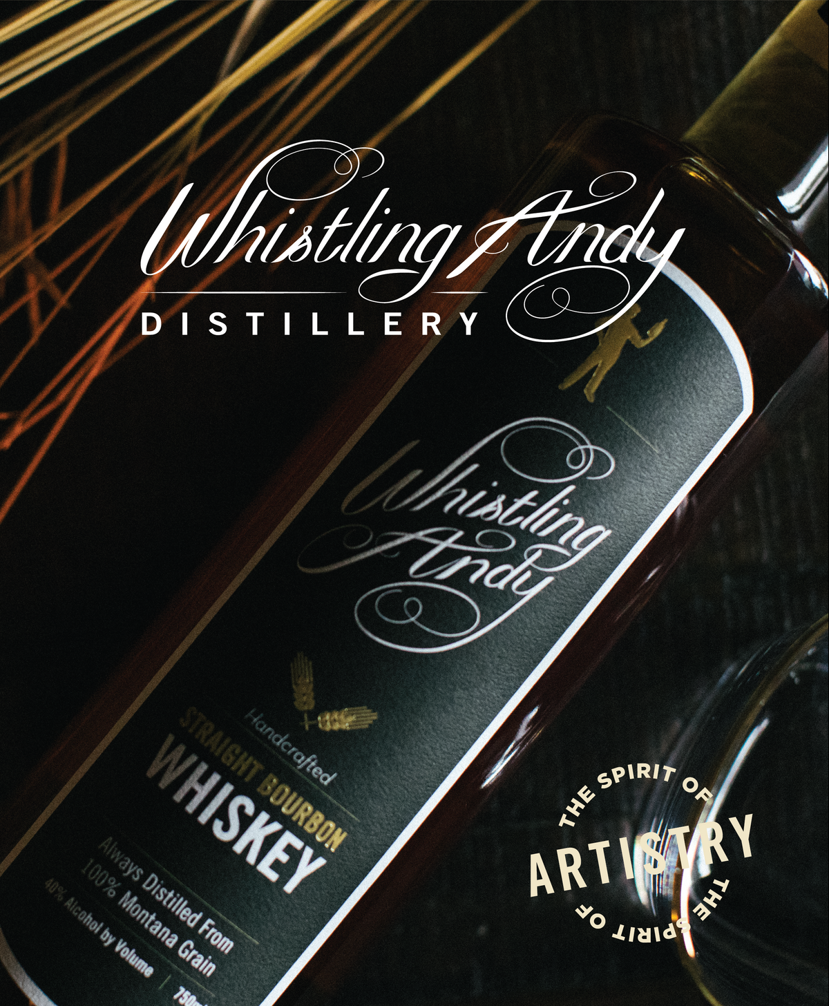 Whistling Andy Straight Bourbon Whiskey, handcrafted Montana whiskey featured in a close-up bottle photograph